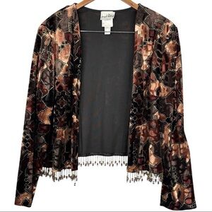 VTG Joseph Ribkoff Velvet Patchwork Beaded Fringe Hem Open Cardigan Jacket 16